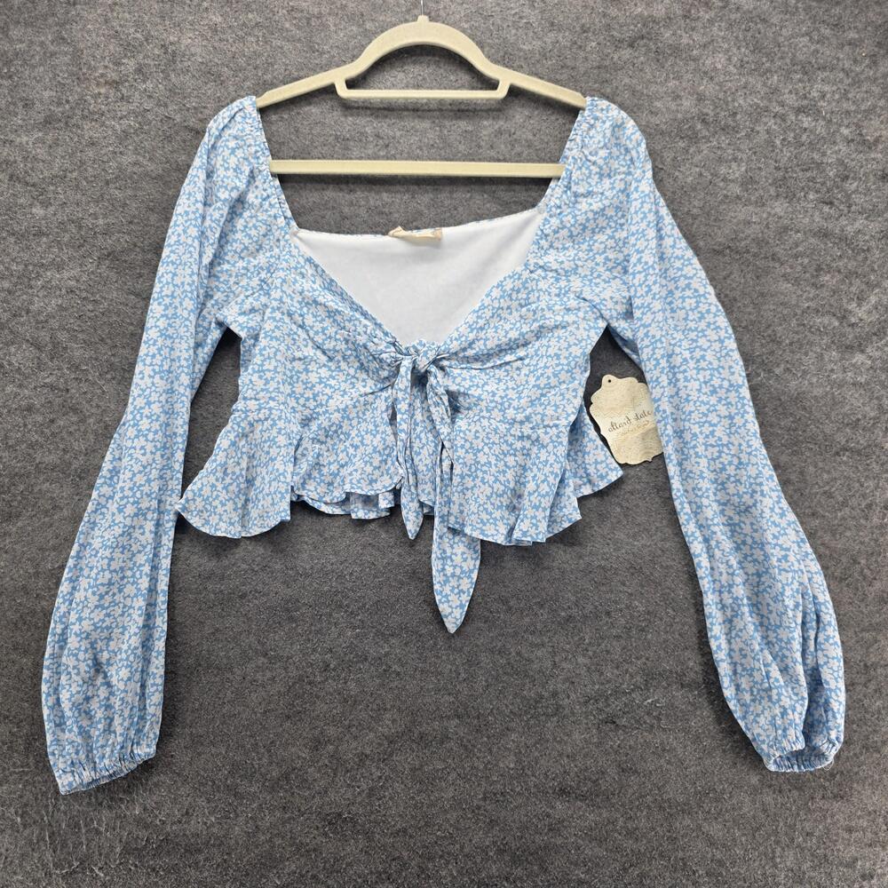Altar'd State Blouse Cropped Womens S Blue Floral Square Neck Ruffle Tie